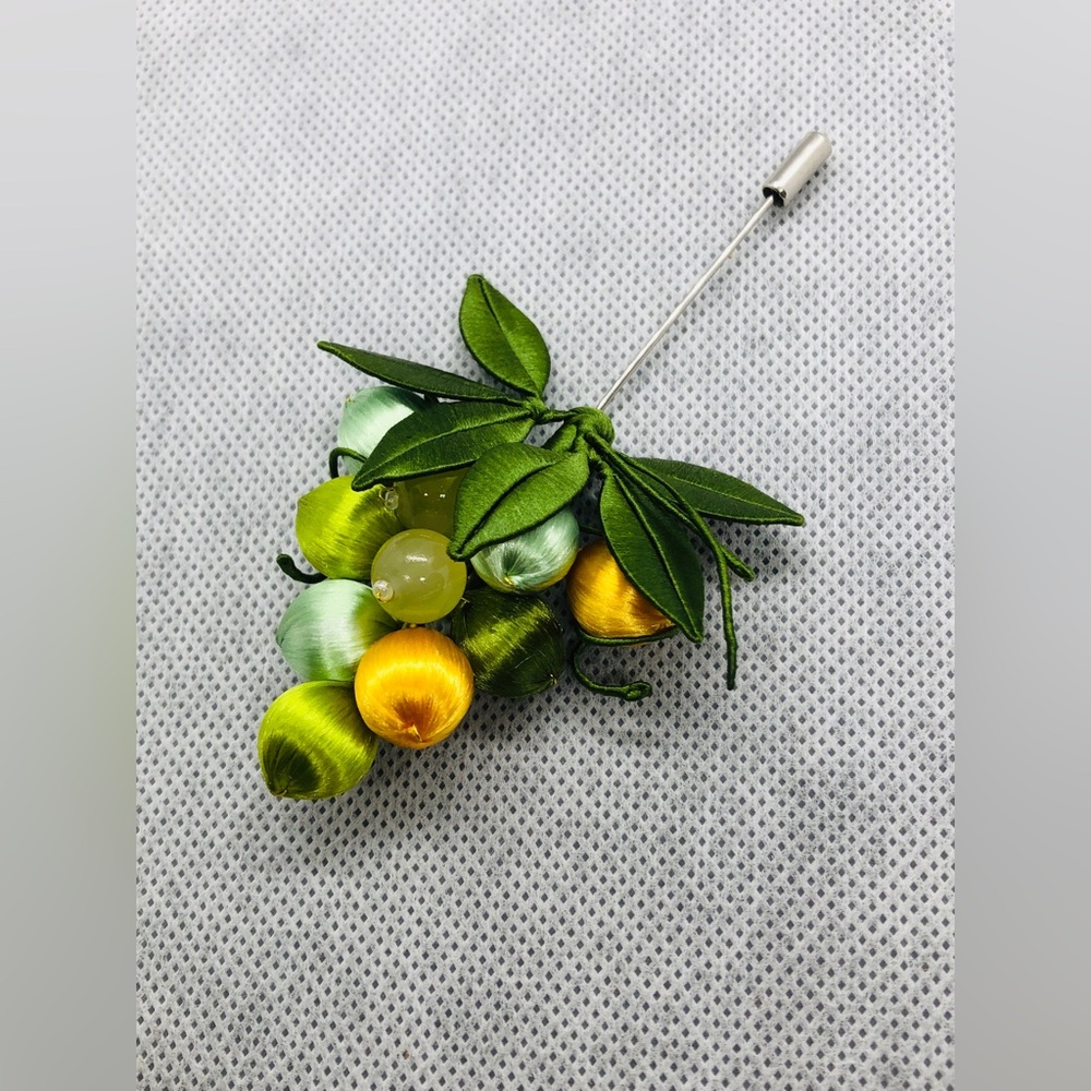 Green and Yellow Satin Fruit Cluster Brooch Pin